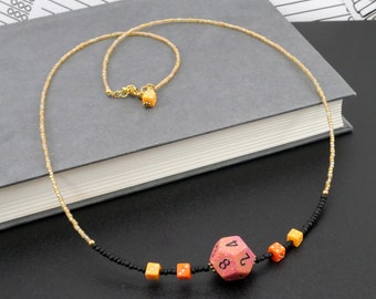 Black and Orange Beaded D12 Dice Long Necklace