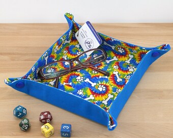 Fabric snap tray - Valet tray - Dice tray -  "Tie Dye Paws and Bones"