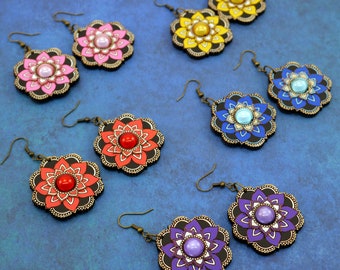 Flower Mandala Wood Earrings - Hand painted Design - Shiny beaded centers - Black contrast