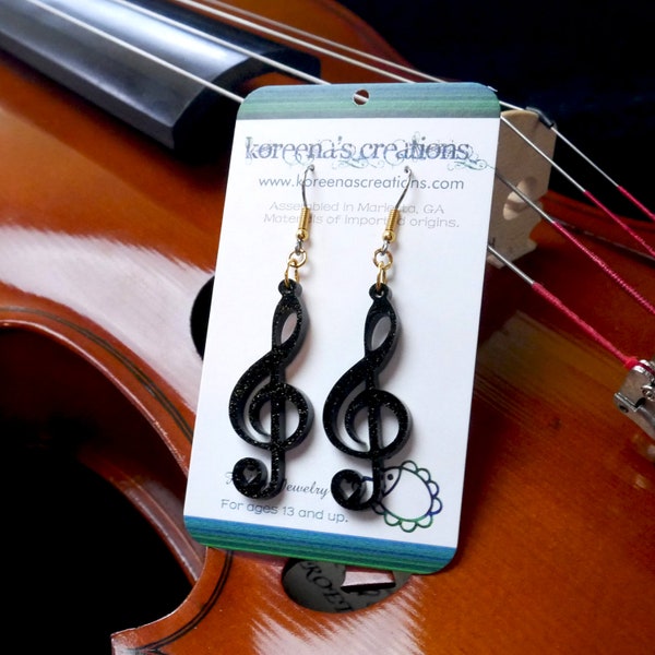 Treble Clef Earrings - Black with Gold Glitter Acrylic