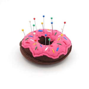 Pink Frosted Plush Chocolate Doughnut Pin Cushion  - Hand Stitched Stuffed Fleece Donut