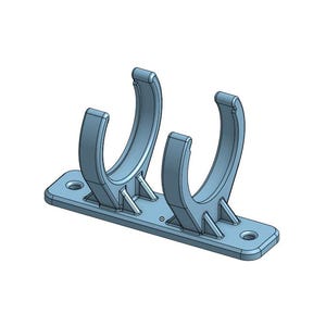 May include: A blue plastic double hose holder with two U-shaped clips and a rectangular base. The holder is designed to secure two hoses in place.