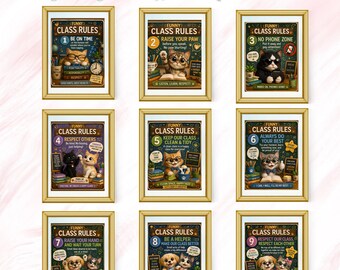 Funny Cat Class Rules Posters, Classroom Decor, Bulletin Board Kit (Digital Download)