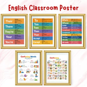 May include: A set of framed English classroom posters with gold frames. The posters display grammar rules and confusing words with colorful text. The top banner reads "English Classroom Poster".