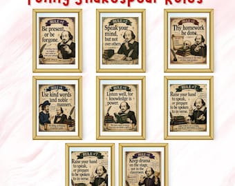 Póster divertido de Shakespeare con reglas para el aula de inglés, pósteres divertidos de Shakespeare para la escuela secundaria, reglas de clase vergonzosas y comportamiento de gestión.