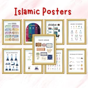May include: A collection of framed Islamic posters with gold frames. The posters feature Arabic text and illustrations on various topics, including Salah, Arabic numbers, and daily prayers. The title "Islamic Posters" is displayed in red.