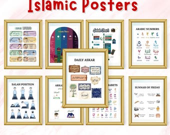 Islamic Kids Learning Posters Arabic Alphabet Numbers Salah Wudu Adhkar Muslim Children Wall Art Printable Set Ramadan Bundle Muslim Gift