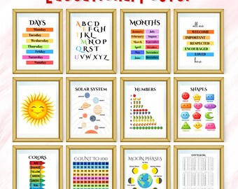 Montessori Colorful ABC Alphabet Posters, Toddler Educational Posters Classroom Decor Bundle, Set of 24 Educational Poster for Kids Learning