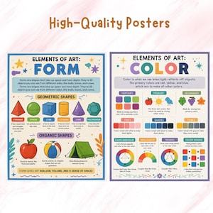 Puede incluir: Dos carteles educativos titulados "Elementos del Arte" muestran la forma y el color. El cartel "Forma" muestra formas geom&eacute;tricas y org&aacute;nicas como pir&aacute;mides, esferas y manzanas. El cartel "Color" ilustra los colores primarios, secundarios y terciarios con ejemplos.