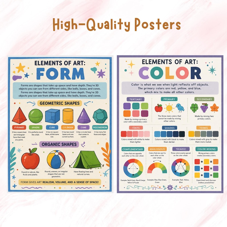 Puede incluir: Dos carteles educativos titulados "Elementos del Arte" muestran la forma y el color. El cartel "Forma" muestra formas geom&eacute;tricas y org&aacute;nicas como pir&aacute;mides, esferas y manzanas. El cartel "Color" ilustra los colores primarios, secundarios y terciarios con ejemplos.