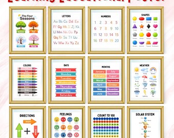 Set of 12 Educational Printable Posters, 12 Learning Prints for Kids Classroom Daycare Wall Art, Printable Alphabet, Numbers Playroom Decor