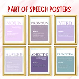 May include: Six framed educational posters with gold frames. The posters display the parts of speech: noun, pronoun, verb, adverb, adjective, and preposition. Each poster has a colored background and examples.