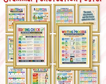 English Classroom Poster Bundle Set of 14, Grammar Poster Writing Class Guide, Punctuation Poster Elementary and Middle School Wall Art