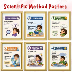 Puede incluir: Conjunto de seis carteles enmarcados titulados "Scientific Method Posters". Cada cartel presenta un paso diferente del método científico, con ilustraciones de niños y texto que explica cada paso. Los carteles están en marcos dorados.