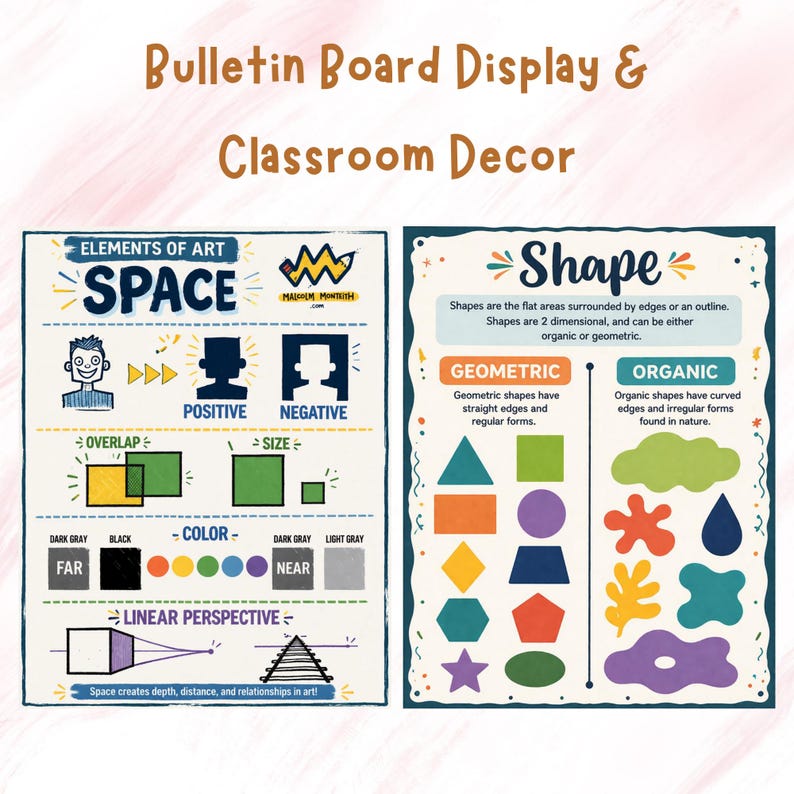 Puede incluir: Exhibici&oacute;n educativa para el tabl&oacute;n de anuncios con el texto "Bulletin Board Display & Classroom Decor". La exhibici&oacute;n incluye dos paneles. Un panel cubre los "Elementos del arte" como el espacio, el color y la perspectiva. El otro panel cubre la "Forma" con ejemplos geom&eacute;tricos y org&aacute;nicos.