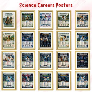 May include: A series of framed posters with gold frames, each illustrating a different scientific career. The posters depict professionals in various fields, such as a botanist, a neurosurgeon, and a cardiologist. The title "Science Careers Posters" is displayed at the top.