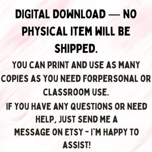 Puede incluir: Texto sobre un fondo rosa y blanco: DESCARGA DIGITAL - NO SE ENVIAR&Aacute; NING&Uacute;N ART&Iacute;CULO F&Iacute;SICO. Imprima y use tantas copias como necesite para uso personal o en el aula. Contacte en Etsy para obtener ayuda.