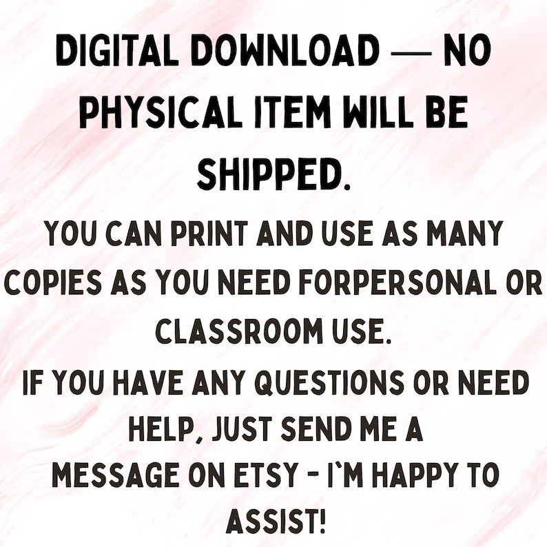 Puede incluir: Texto sobre un fondo rosa y blanco: DESCARGA DIGITAL - NO SE ENVIAR&Aacute; NING&Uacute;N ART&Iacute;CULO F&Iacute;SICO. Imprima y use tantas copias como necesite para uso personal o en el aula. Contacte en Etsy para obtener ayuda.
