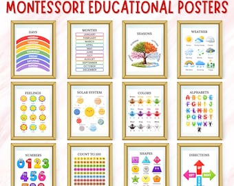 Toddler Educational Posters Bundle, 12 Learning Prints for Kids, Classroom & Daycare Wall Art, Printable Alphabet, Numbers Playroom Decor
