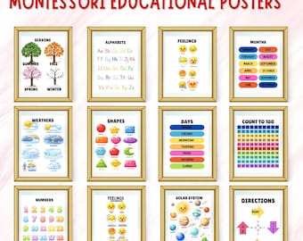 Educational Wall Prints Set of 12, Montessori Classroom Decor, Homeschool Prints, Rainbow Alphabet Playroom Chart, Kids Playroom Wall Decor