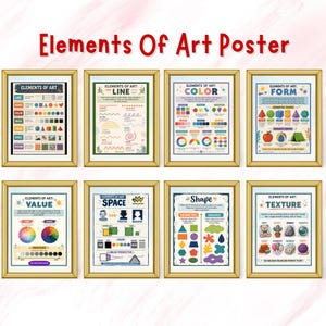 Może przedstawiać: Kolekcja ośmiu oprawionych plakatów artystycznych ze złotymi ramami. Plakaty prezentują treści edukacyjne dotyczące elementów sztuki, w tym linii, koloru, formy, wartości, przestrzeni, kształtu i faktury. Tytuł "Elements Of Art Poster" znajduje się na górze.