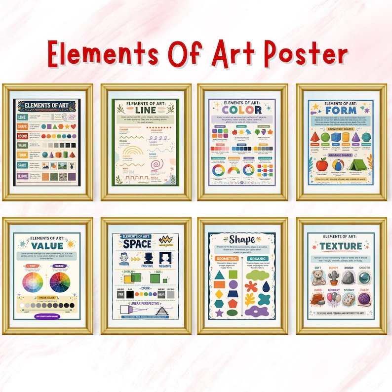 Puede incluir: Una colecci&oacute;n de ocho carteles de arte enmarcados con marcos dorados. Los carteles muestran contenido educativo sobre los elementos del arte, incluyendo l&iacute;nea, color, forma, valor, espacio, forma y textura. El t&iacute;tulo "Elements Of Art Poster" est&aacute; en la parte superior.
