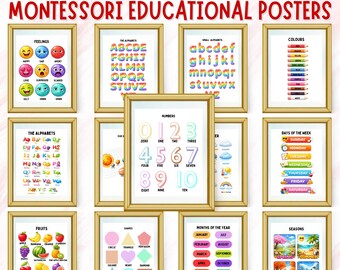 Educational Posters Wall Print Set of 12, Montessori Classroom Decor Homeschool Prints, Rainbow Alphabet Playroom Chart, Kids Playroom Decor
