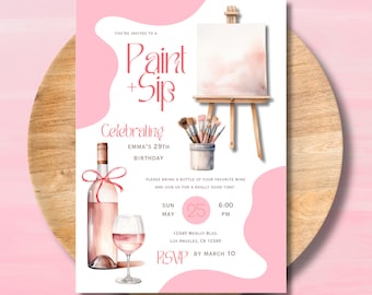 Paint + Sip Party einladen, Wein & Gemälde Damen Nacht / Tag Einladung, Girly Trendy Pink und Rot, digitaler Download, bearbeitbare Canva Vorlage