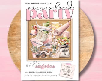 May include: A pink and white invitation for a vision board party. The invitation features a corkboard with watercolor illustrations of a plane, trainers, a jeep, and other lifestyle items. Text includes "Come Manifest With Us At A Vision Board Party."