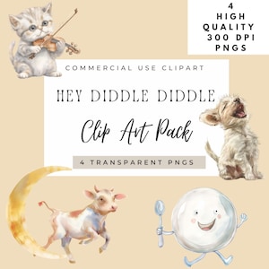 Hey Diddle Diddle Clipart - Watercolor Nursery Rhymes - Baby Shower Decor - Digital Download