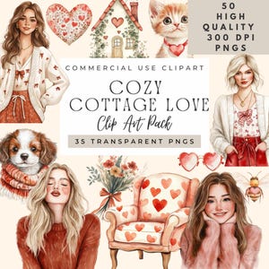 Cozycore Cottage Clipart - 50 Aquarell Grafiken - Perfekt für den Valentinstag. Digitaler Download für Scrapbooking - Aesthetic Art