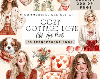 Clipart de Cottagecore aconchegante - 50 gráficos de aquarela - perfeitos para o Dia dos Namorados. Download digital para Scrapbooking - Aesthetic Art