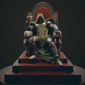 May include: A green-cloaked figure with a metal mask sits on a throne with lion statues on either side. The figure is holding a glass in one hand and has a belt with a buckle around their waist.