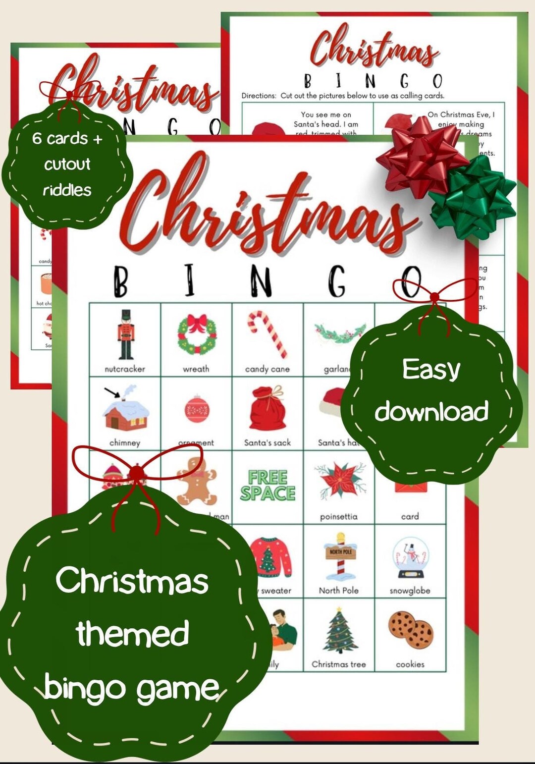 Christmas Bingo Fun Pack - Printable Holiday Game With Riddles and 6 ...
