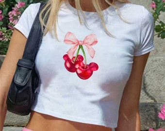 Coquette Bow Mickey Cherry Baby Tee Crop Top, WDW Disneyland Girls Trip Shirt, Disney Mickey girly aesthetic Shirt, Gift For Her