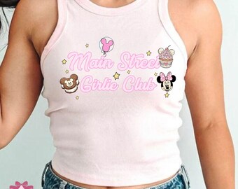Mainstreet Girlie Club Baby Tee, Meet Me On Main Street Shirts, Retro Minnie Tee, Magic Kingdom Disney Girls Trip Shirts, Disney Snacks Tee