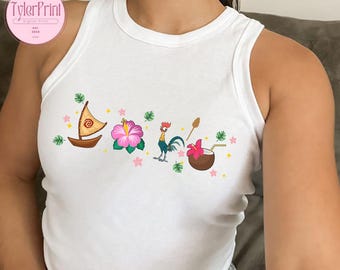 Retro Hei Girl Hei Moana Baby Tee Crop Top Tank, Floral Hei Hei Princess Moana WDW Disneyland Girls Trip Shirt, Disney Trip Crop Tank