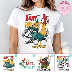 May include: A white t-shirt with a cartoon rooster and the text "Boat Snack?" printed on it. The rooster is yellow, red, and green. The text is in a black and white font. There are four different variations of the design shown in the image.