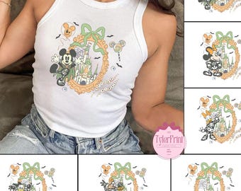 Retro Coquette Bows Mickey and Friends Disney Halloween Crop tank Baby Tee, Mickey's Not So Scary Halloween Party, Girly Women Halloween Tee