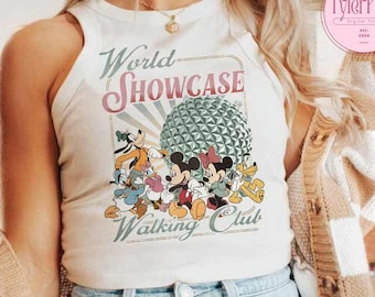 Retro Mickey and Friends Disney Epcot World Showcase Walking Club Baby Tee Crop Top Tank, Disney Girls Trip Shirt, Epcot World Tour Tank Top