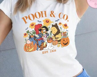 Winnie The Pooh Pumpkin Disney Halloween Baby Tee Crop Top, Pooh Bear and Friends Halloween Party, Pooh & Co Est 1926 Disney Girl Trip Shirt