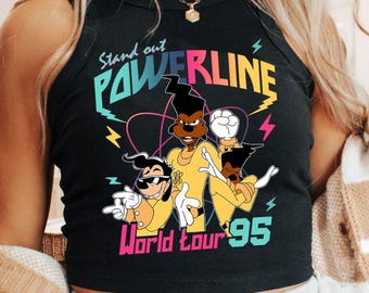 A Goofy Movie Disney Powerline Stand Out Tour 95 Baby Tee Crop Top Tank, Goofy Max Goof Roxanne Tank Top, Powerline Disney Girl Trip Shirt