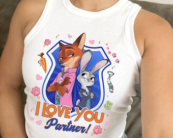 Nick Judy Couple I love you Partner Disney Zootopia Shirt, Zootopia 2 Movie Judy Hopps Nick Wilde Disney Valentine Shirt Baby Tee Crop Tank