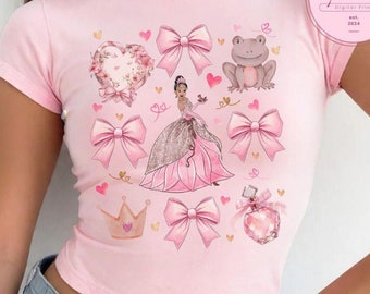 Watercolor Pink Coquette Bow Disney Princess Baby Tee Crop Top, Disney Valentine Girl Trip Shirt, Cinderella Princess Birthday Girl Croptop