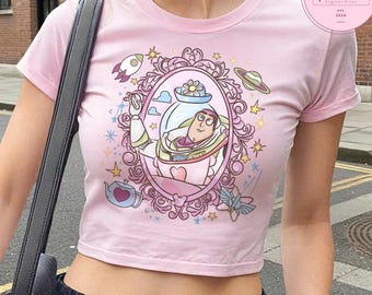 Coquette Bow Disney Toy Story Buzz Lightyear Mrs Nesbitt’s Tea House To Infinity And Beyond Baby Tee Crop Top, Girly Disney Girl Trip Shirt