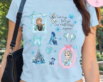 Coquette Bow Frozen Disney Princess Elsa Anna Olaf Baby Tee Crop Top, Let It Go Disney Girl Trip Shirt, Girly Princess Birthday Girl Croptop