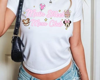 Mainstreet Mom Club Baby Tee, Meet Me On Main Street Shirts, Retro Minnie Tee, Magic Kingdom Disney Mother's Day Shirt, Disney Mom Crop Tank