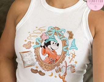 Coquette Bow Disney Fantasia Mickey Sorcerer Baby Tee Crop Top, Disney Girl Trip Tank, Mickey Wizard Fantasmic Girly Aesthetic Gift For Her