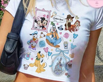 Personalized Coquette Bow Mickey and Friends Disney Castle Baby Tee Crop Top, WDW Disneyland Girls Trip Shirt, Girly aesthetic, Gift For Her