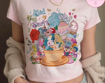 Mad Tea Party Disney Alice in Wonderland Baby Tee Crop Top, Princess Alice Cheshire Cat White Rabbit Mad Hatter Disney Girl Trip Aesthetic